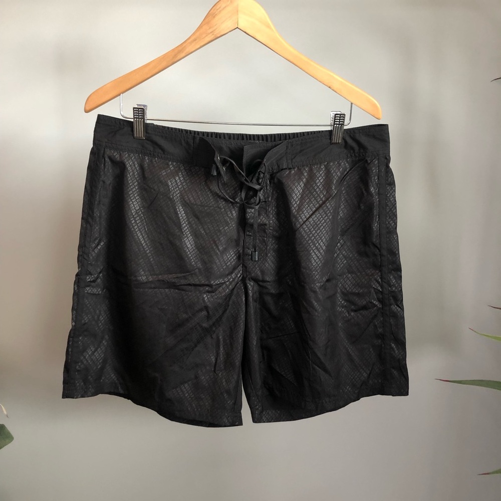 Men's Black Textured Swim Board Shorts with Drawstring Waist